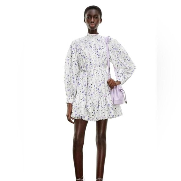 The Kooples - Short Printed Dress with Long Sleeves - Ecru/Lavender. Size:1(US). - Picture 7 of 16